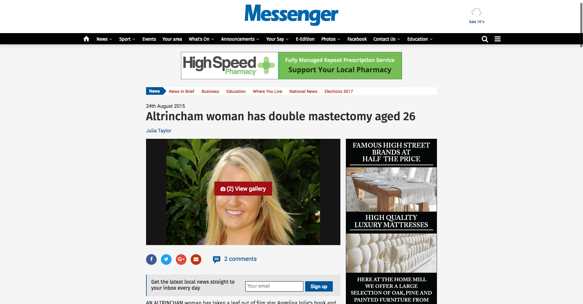Screenshot of Messenger Newspaper Article