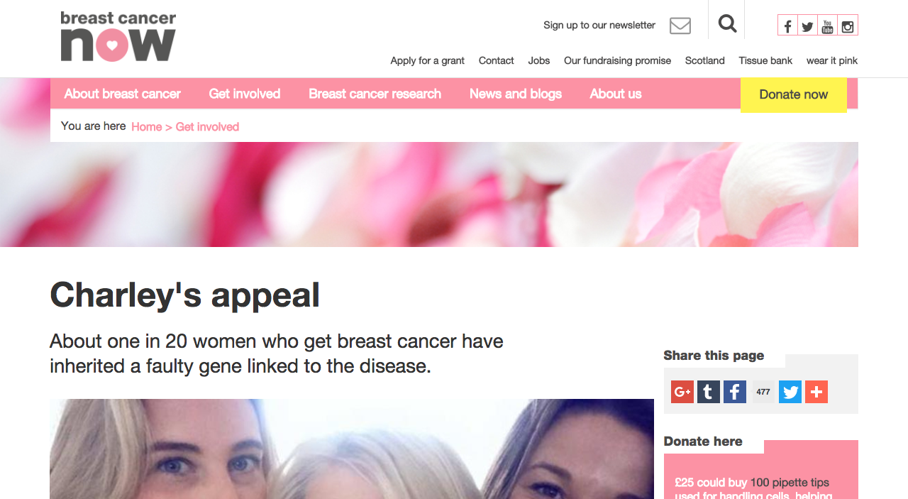 Screenshot of Breast Cancer Now Article About Charley